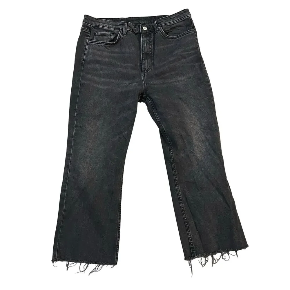Zara High Rise Black Straight Leg Jeans Womens 14 Raw Hem Indie Scene Grunge